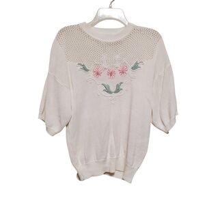 Vintage 80’s Crochet Knit Coastal Grandma Drop Sholder Sweater Embroidery